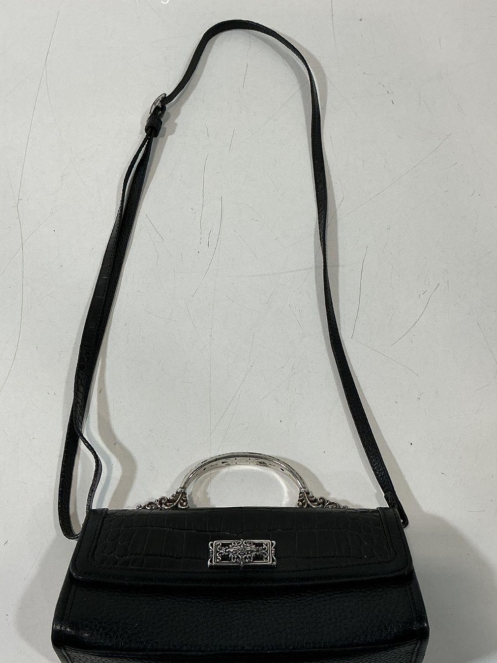 Women’s Brighton Black Leather Silver Top Handle Mini Crossbody